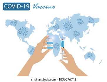 Hands holding COVID-19 coronavirus vaccine syringe and medicine vial ready for injection with world map and virus spreading. World hope for COVID-19 coronavirus vaccine to save mankind lives.