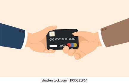 Hands holding credit card, Giving credit card to buy product.