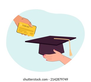 Hands holding credit card and graduate cap. Person investing in knowledge, higher education flat vector illustration. Finance, university concept for banner, website design or landing web page