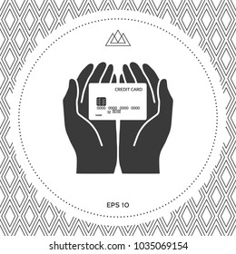 Hands holding credit card. Icon