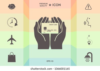 Hands holding credit card. Icon