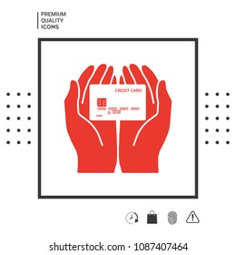 Hands holding credit card. Icon