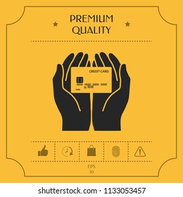 Hands holding credit card. Icon