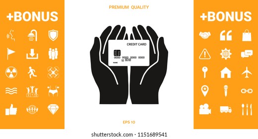 Hands holding credit card. Icon