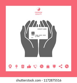 Hands holding credit card. Icon