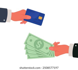 Hands holding credit card and money stock illustration. Hand with credit card and hand with cash. Payment  smart investment, business, cash withdrawal, business, online payment concepts. 