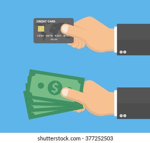 Hands holding credit card and money bills. Vector illustration in Flat style 