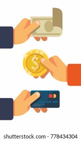 Hands holding credit card money bills and coin. Vector illustration in Flat style