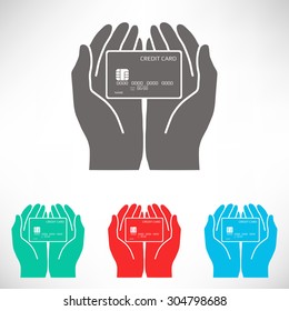 Hands holding credit card. Set of varicolored icons.