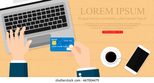 Hands holding credit card and using laptop. Online shopping. Vector illustration.
