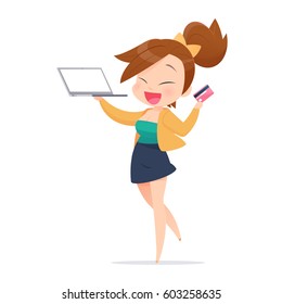 Hands holding credit card and using laptop. Online shopping