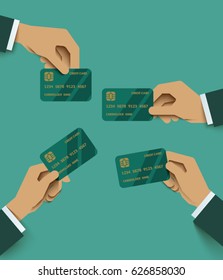 Hands holding credit card in various gestures. Icons for website design, print or presentation. Infographic elements stylized as paper-cut art. Flat style vector.