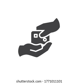 Hands holding a credit card vector icon. filled flat sign for mobile concept and web design. Loan glyph icon. Symbol, logo illustration. Vector graphics
