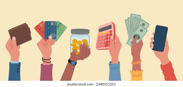 Hands holding credit cards, calculator, wallet, jar with coins, dollar banknotes, smartphone. Finance and savings. Hand drawn vector illustration isolated on light background, flat cartoon style.