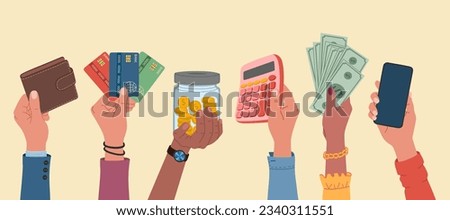 Hands holding credit cards, calculator, wallet, jar with coins, dollar banknotes, smartphone. Finance and savings. Hand drawn vector illustration isolated on light background, flat cartoon style.