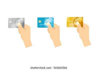 Hands holding credit cards - flat vector set. Payment concept.