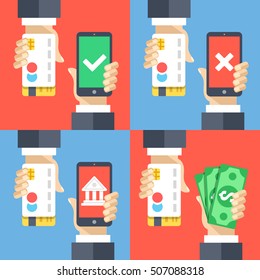 Hands holding credit cards, smartphones and money. Mobile payment, mobile banking, cashback concepts. Modern flat design vector illustrations set