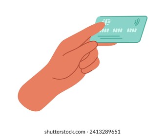 Hands holding a credit or debit card. Pay for purchases by card, bank transfer. Spend money, pay for purchases. Financial concept hand drawn illustration isolated on white background.