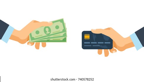 Hands holding credit plastic card and money bills. Concept of financial operations, transactions, investments and cash turnover. Cash and non-cash money turnover. Vector illustration isolated.
