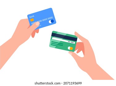 Hands holding credit plastic cards. Financial operations, transactions, investments, and payment concept. Vector flat illustration.