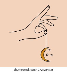 Hands holding crescent moon boho ethnic mystical magic style. Vector illustration