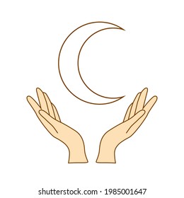 Las manos están sosteniendo una luna creciente. ilustración de estilo boho, beige de moda