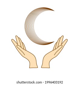 Hands are holding a crescent moon. boho style illustration, trendy beige