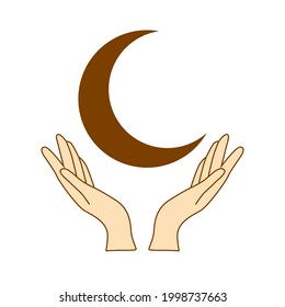 Hands are holding a crescent moon. boho style illustration, trendy beige