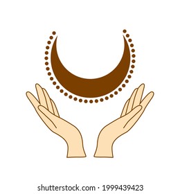 Hands are holding a crescent moon. boho style illustration, trendy beige