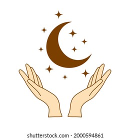 Las manos están sosteniendo una luna creciente. ilustración de estilo boho, beige de moda