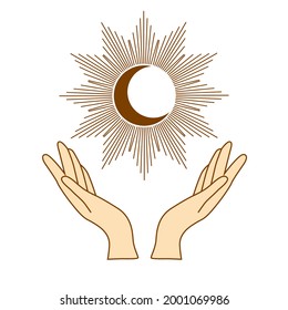 Las manos están sosteniendo una luna creciente. ilustración de estilo boho, beige de moda