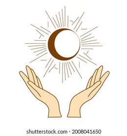 Hands are holding a crescent moon. boho style illustration, trendy beige