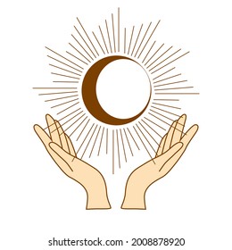 Hands are holding a crescent moon. boho style illustration, trendy beige