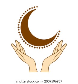 Las manos están sosteniendo una luna creciente. ilustración de estilo boho, beige de moda
