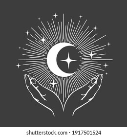 Hands holding Crescent Moon. Hand drawn esoteric moon, magical symbol, witchcraft mystic. Vector illustration.