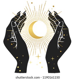 Hands holding crescent moon. Vector illustration in boho style.