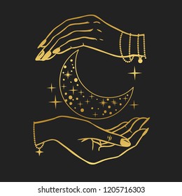 Hands holding crescent moon. Vector illustration in boho style on black background