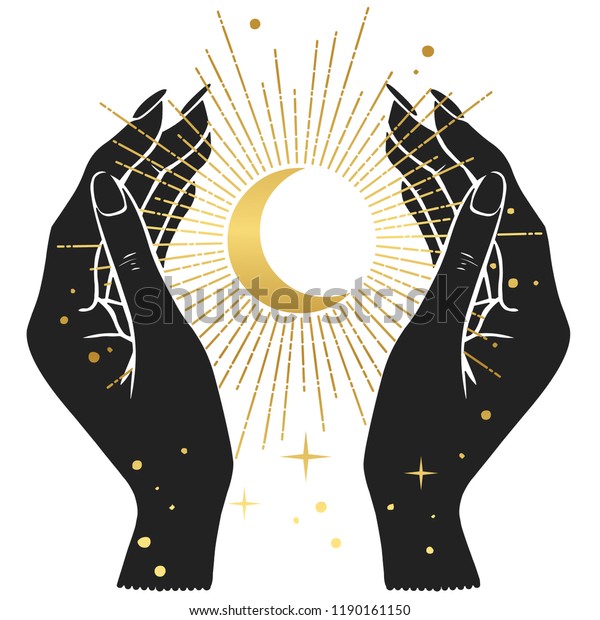 Hands holding crescent moon. Vector illustration\
in boho style.