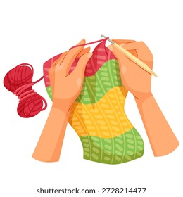 Mãos segurando gancho de crochê e fio, criando tecido listrado colorido, estilo de desenho animado plano no fundo branco. Conceito de criação artesanal. Ilustração vetorial