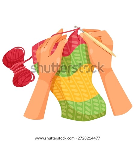 Hands holding crochet hook and yarn, crafting colorful striped fabric, flat cartoon style on white background. Concept of handmade creation. Vector illustration
