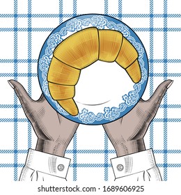 Hands holding croissants on a plate. Breakfast on a tablecloth in a cage. Vector illustration.