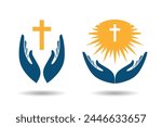 Hands holding cross icons or symbols. Religion, Church vector logo