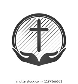 Hands holding Cross, icons or symbols. Religion, Church Christian vector logo.