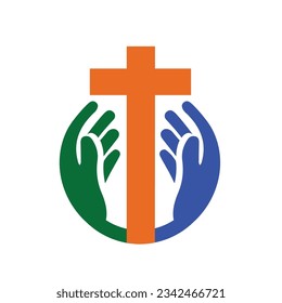 Hands holding Cross, icons or symbols. Religion, Church vector logo
