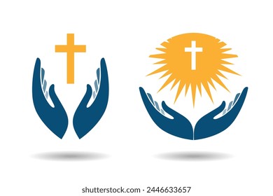 Hands holding cross icons or symbols. Religion, Church vector logo