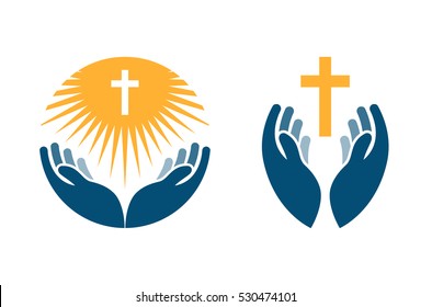 Hands holding Cross  icons symbols  Religion  Church vector logo