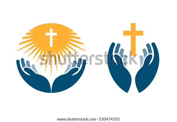 Hands holding Cross, icons or symbols. Religion,\
Church vector logo
