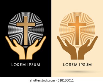 Hands holding cross with light graphic vector