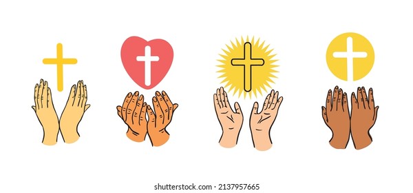 Hands holding a cross and praying.Hands of people from different countries.Hands drawn in doodle style.Vector illustration