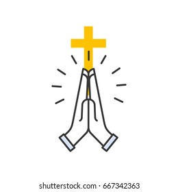 Hands holding cross. Religious isolated icon on white background in flat style. Modern vector line design.